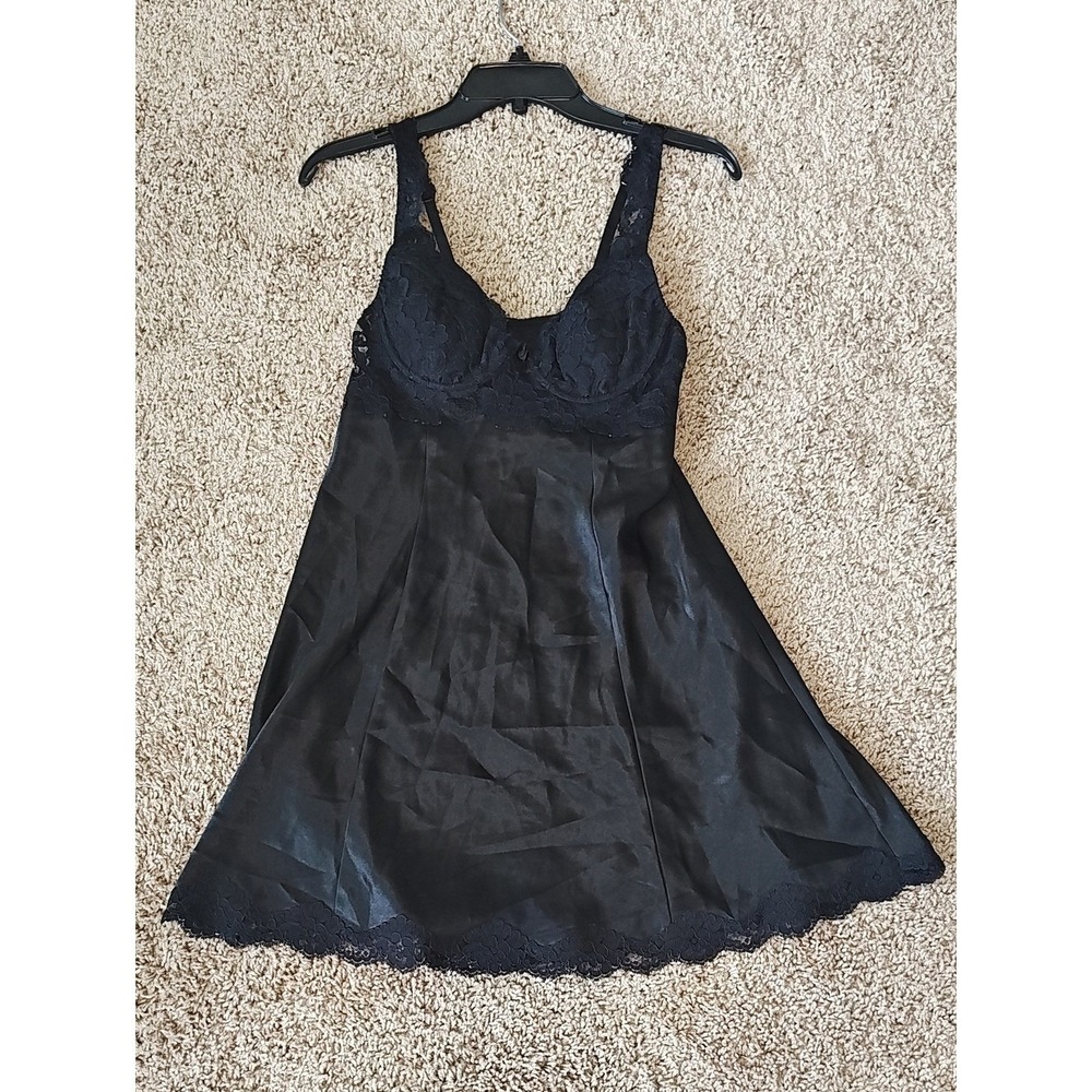Victoria's Secret Black Satin Lace Underwire Slip Dress Lingerie Nightie Large